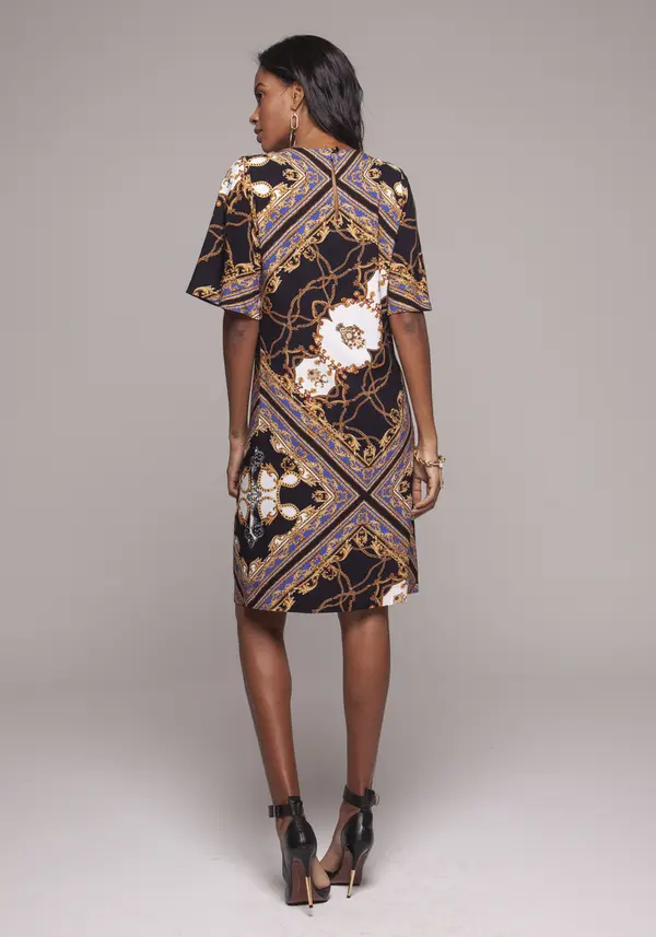 Vestido Reto Quadros Dourado C/preto