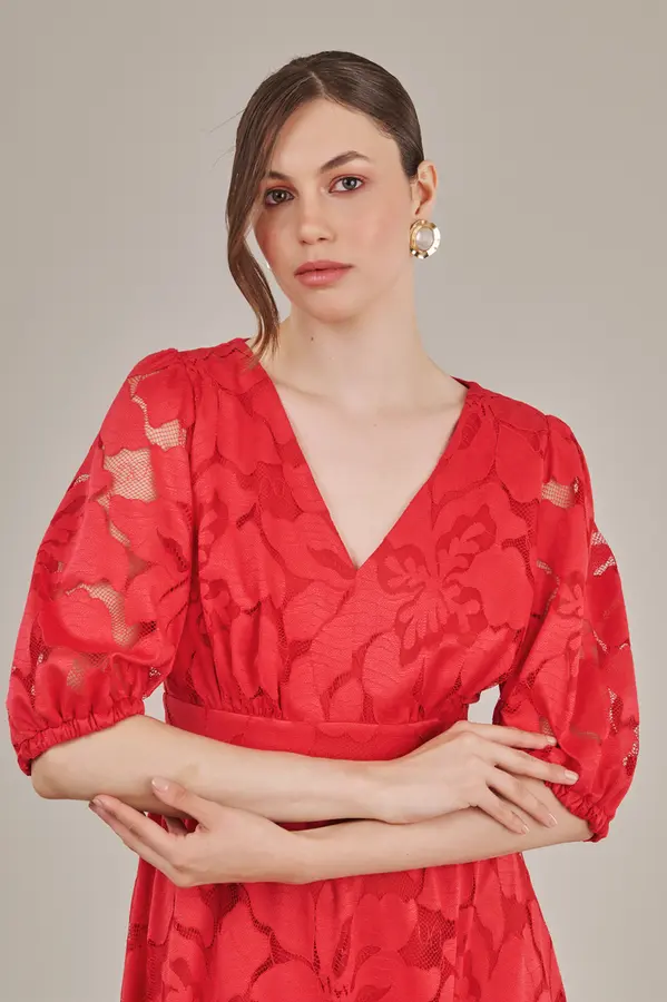 Vestido Longo Renda Floral Vermelho Rubi