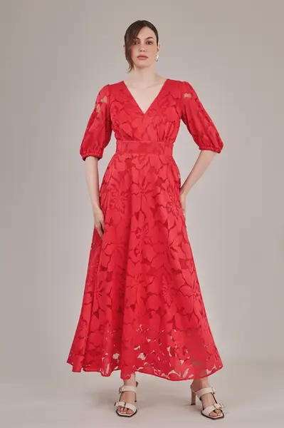 Vestido Longo Renda Floral Vermelho Rubi