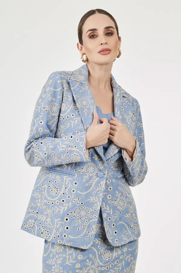 Blazer Denim Bordado Azul/bege