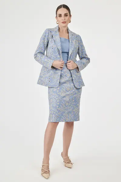 Blazer Denim Bordado Azul/bege