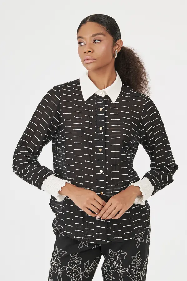 Camisa Organza Jacquard Preto/branco