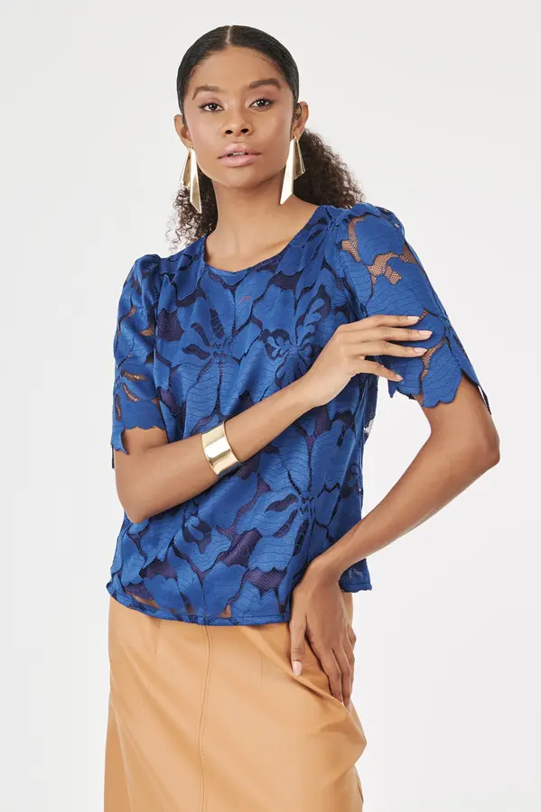 Blusa Renda Floral Azul Noite
