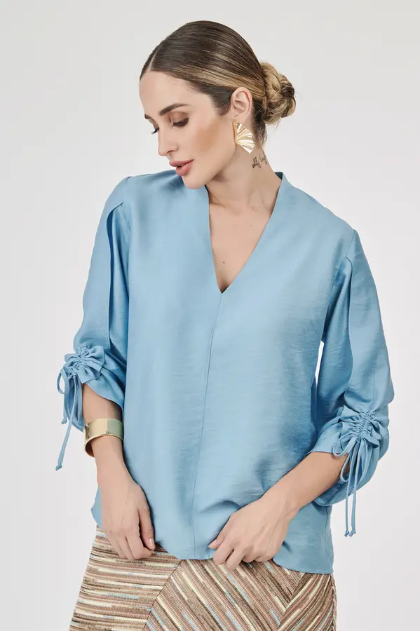 Blusa Manga com Franzido Azul
