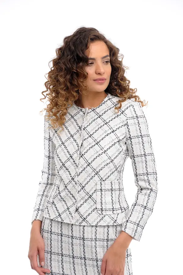 Casaqueto Tweed Xadrez Off White/preto