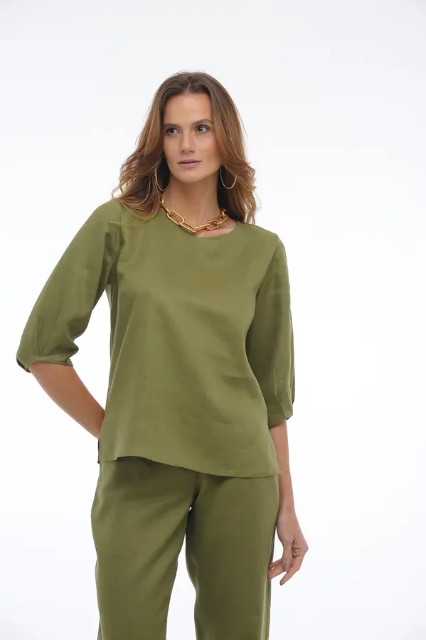 Blusa Mangas com Pregas Avocado