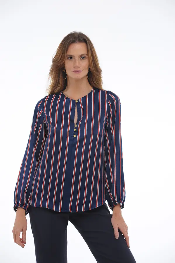 Blusa Acetinada Listras Marinho/vermelho