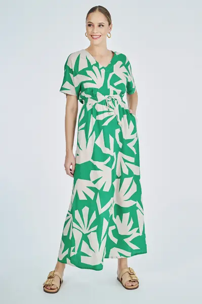 Vestido Mangas Retas Verde/bege