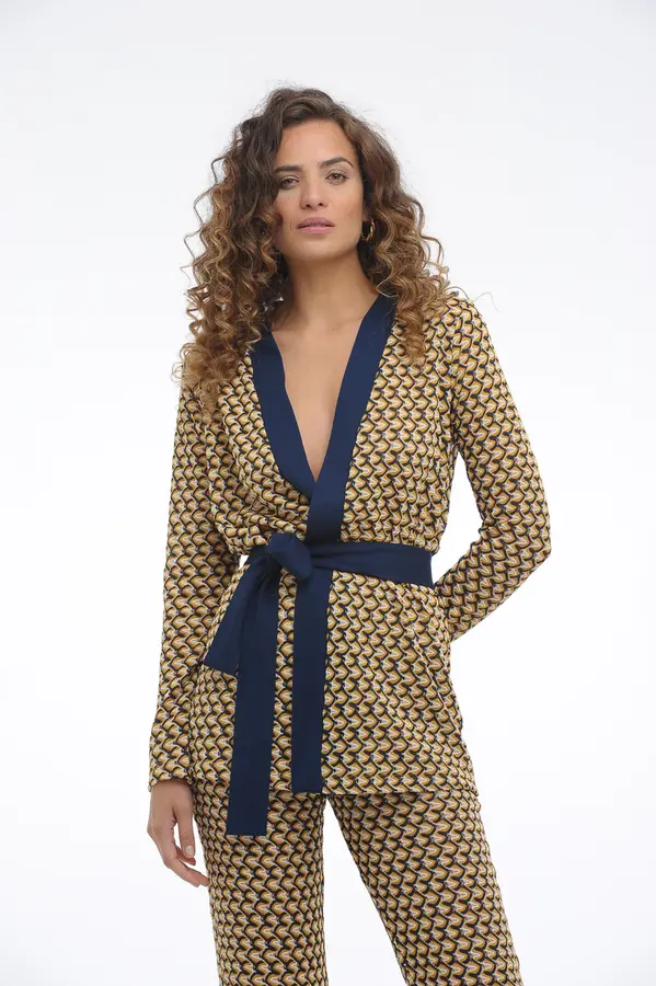 Cardigan Trcot Jacquard Cru/azul/amarelo