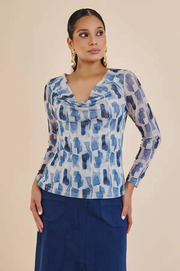 Blusa Tule Abstrato Blue Bege/