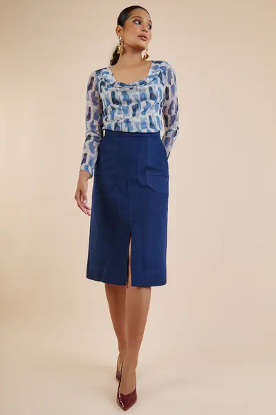 Blusa Tule Abstrato Blue Bege/