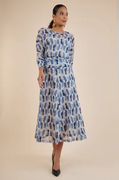 Saia Tule Abstrato Blue Bege/a