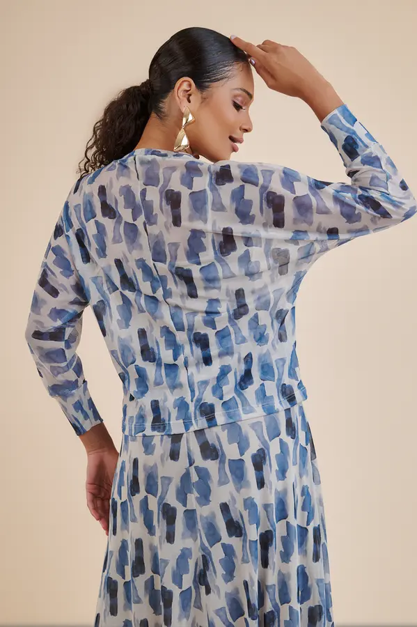 Blusa Tule Abstrato Blue Bege/