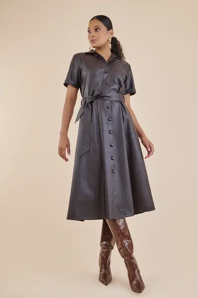 Vestido Acinturado Couro Shoyu