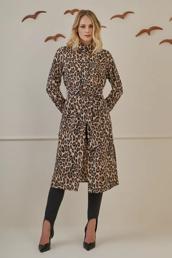 Vestido Chemise Animal Print Bege/preto/caki