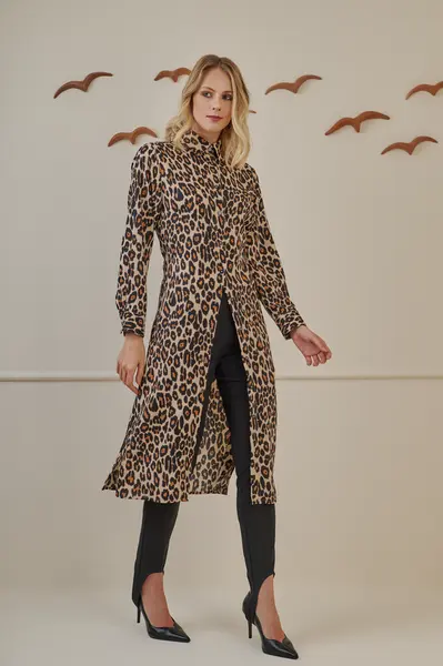 Vestido Chemise Animal Print Bege/preto/caki