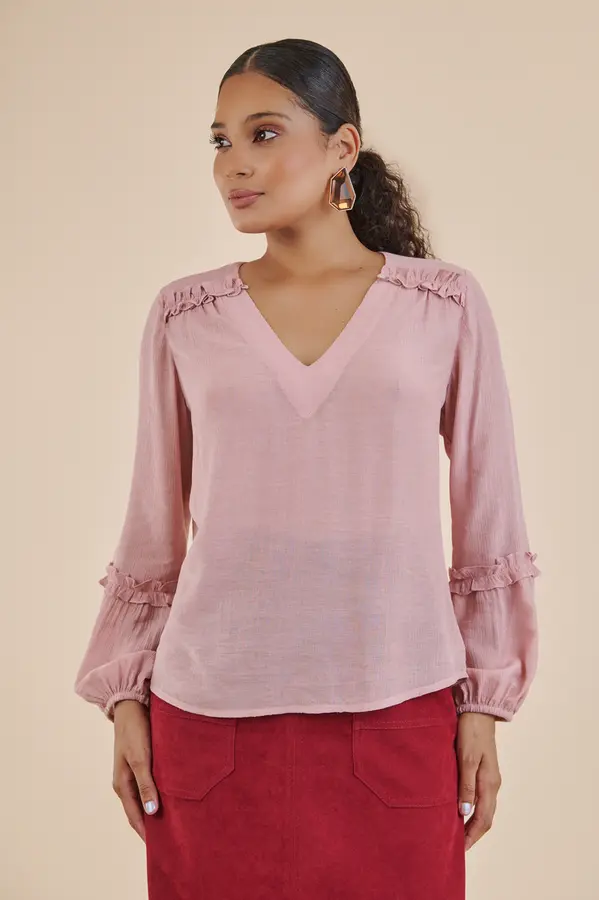Blusa Decote V Ruches Aurora Rose